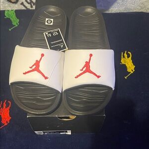 Jordan Slides with Red Logo on White Strap